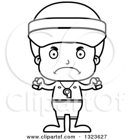 Lineart Clipart of a Cartoon Black and White Mad Boy Lifeguard - Royalty Free Outline Vector Illustration by Cory Thoman