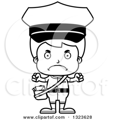 Lineart Clipart of a Cartoon Black and White Mad Boy Mailman - Royalty Free Outline Vector Illustration by Cory Thoman