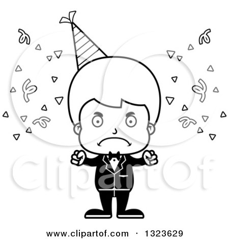 Lineart Clipart of a Cartoon Black and White Mad Party Boy - Royalty Free Outline Vector Illustration by Cory Thoman