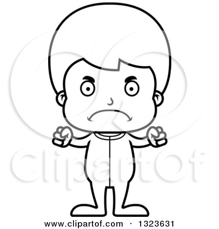 Lineart Clipart of a Cartoon Black and White Mad Boy in Pajamas - Royalty Free Outline Vector Illustration by Cory Thoman