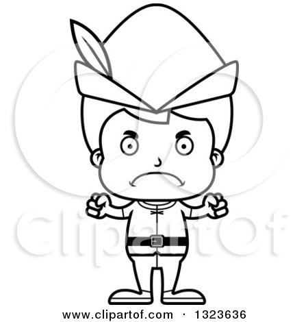 Lineart Clipart of a Cartoon Black and White Mad Boy Robin Hood - Royalty Free Outline Vector Illustration by Cory Thoman