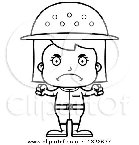 Outline Clipart of a Cartoon Black and White Mad Girl Zookeeper - Royalty Free Lineart Vector Illustration by Cory Thoman