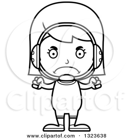 Outline Clipart of a Cartoon Black and White Mad Girl Wrestler - Royalty Free Lineart Vector Illustration by Cory Thoman