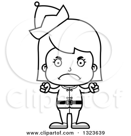 Outline Clipart of a Cartoon Black and White Mad Christmas Elf Girl - Royalty Free Lineart Vector Illustration by Cory Thoman