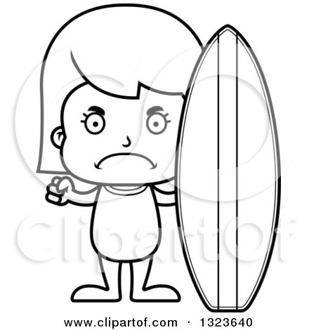 Outline Clipart of a Cartoon Black and White Mad Surfer Girl - Royalty Free Lineart Vector Illustration by Cory Thoman