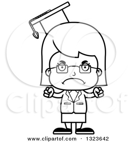 Outline Clipart of a Cartoon Black and White Mad Girl Professor - Royalty Free Lineart Vector Illustration by Cory Thoman