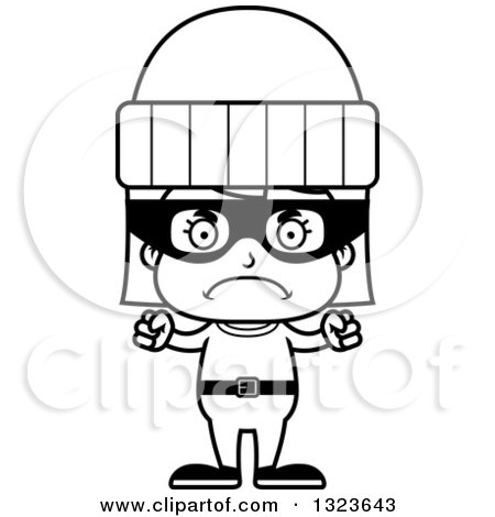 Outline Clipart of a Cartoon Black and White Mad Girl Robber - Royalty Free Lineart Vector Illustration by Cory Thoman