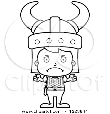 Outline Clipart of a Cartoon Black and White Mad Girl Viking - Royalty Free Lineart Vector Illustration by Cory Thoman
