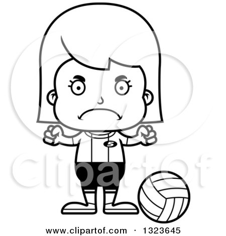 Outline Clipart of a Cartoon Black and White Mad Girl Volleyball Player - Royalty Free Lineart Vector Illustration by Cory Thoman