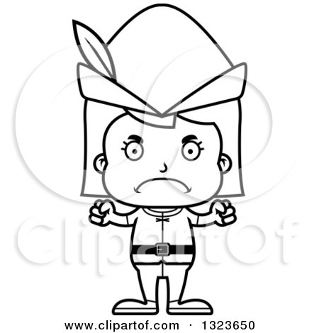 Outline Clipart of a Cartoon Black and White Mad Robin Hood Girl - Royalty Free Lineart Vector Illustration by Cory Thoman