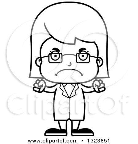 Outline Clipart of a Cartoon Black and White Mad Girl Scientist - Royalty Free Lineart Vector Illustration by Cory Thoman