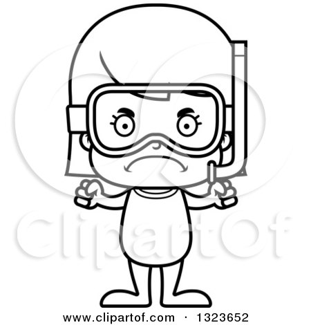 Outline Clipart of a Cartoon Black and White Mad Girl in Snorkel Gear - Royalty Free Lineart Vector Illustration by Cory Thoman