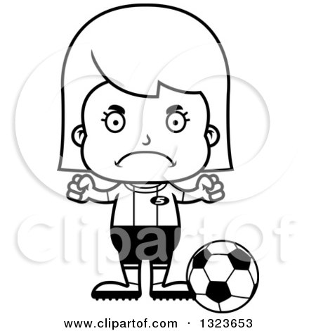 Outline Clipart of a Cartoon Black and White Mad Girl Soccer Player - Royalty Free Lineart Vector Illustration by Cory Thoman