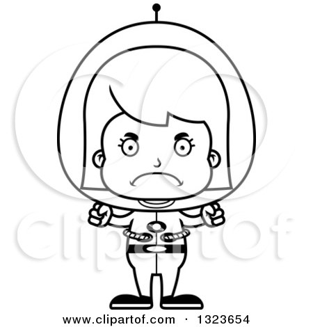 Outline Clipart of a Cartoon Black and White Mad Futuristic Space Girl - Royalty Free Lineart Vector Illustration by Cory Thoman