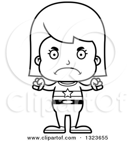 Outline Clipart of a Cartoon Black and White Mad Girl Super Hero - Royalty Free Lineart Vector Illustration by Cory Thoman