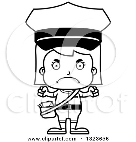 Outline Clipart of a Cartoon Black and White Mad Girl Mailman - Royalty Free Lineart Vector Illustration by Cory Thoman