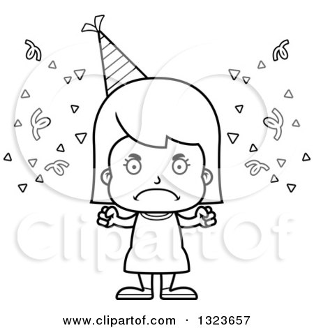 Outline Clipart of a Cartoon Black and White Mad Party Girl - Royalty Free Lineart Vector Illustration by Cory Thoman