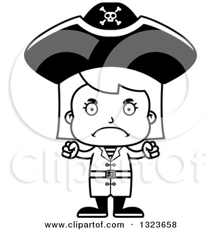 Outline Clipart of a Cartoon Black and White Mad Pirate Girl - Royalty Free Lineart Vector Illustration by Cory Thoman