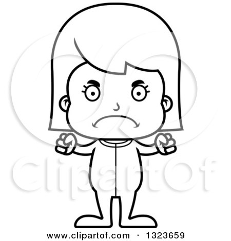 Outline Clipart of a Cartoon Black and White Mad Girl in Pajamas - Royalty Free Lineart Vector Illustration by Cory Thoman
