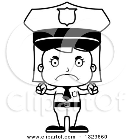 Outline Clipart of a Cartoon Black and White Mad Girl Police Officer - Royalty Free Lineart Vector Illustration by Cory Thoman