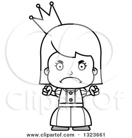 Outline Clipart of a Cartoon Black and White Mad Girl Princess - Royalty Free Lineart Vector Illustration by Cory Thoman