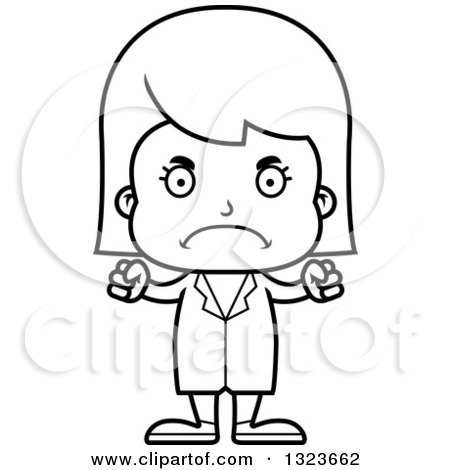 Outline Clipart of a Cartoon Black and White Mad Girl Doctor - Royalty Free Lineart Vector Illustration by Cory Thoman
