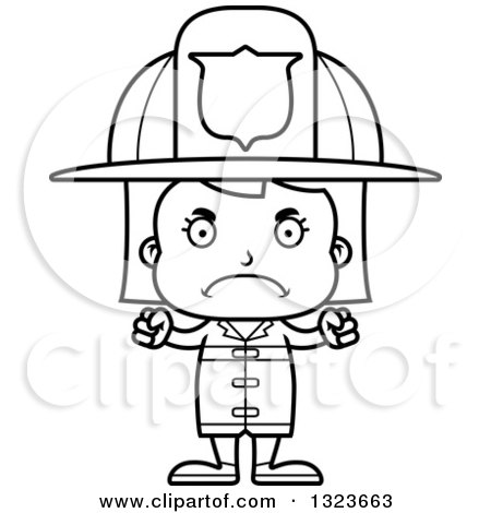 Outline Clipart of a Cartoon Black and White Mad Girl Firefighter - Royalty Free Lineart Vector Illustration by Cory Thoman