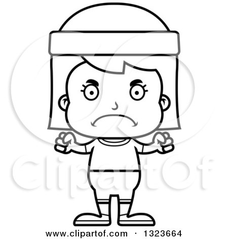 Outline Clipart of a Cartoon Black and White Mad Fitness Girl - Royalty Free Lineart Vector Illustration by Cory Thoman