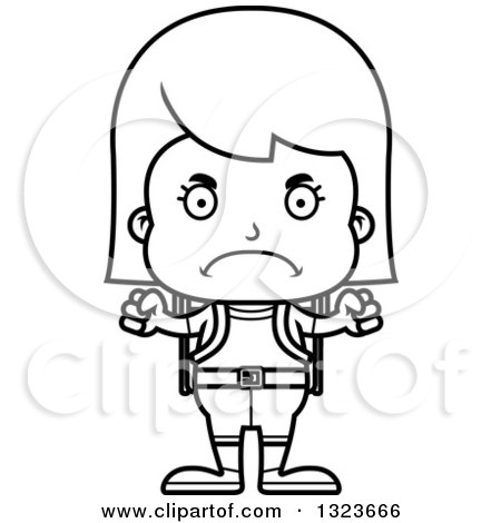 Outline Clipart of a Cartoon Black and White Mad Girl Hiker - Royalty Free Lineart Vector Illustration by Cory Thoman