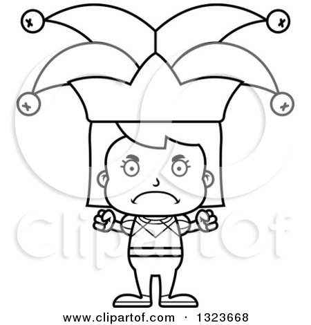Outline Clipart of a Cartoon Black and White Mad Girl Jester - Royalty Free Lineart Vector Illustration by Cory Thoman