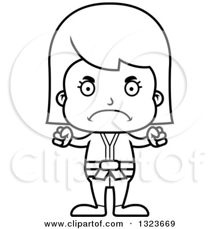 Outline Clipart of a Cartoon Black and White Mad Karate Girl - Royalty Free Lineart Vector Illustration by Cory Thoman