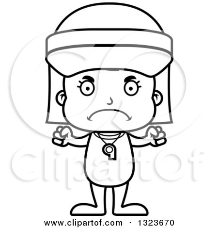 Outline Clipart of a Cartoon Black and White Mad Girl Lifeguard - Royalty Free Lineart Vector Illustration by Cory Thoman