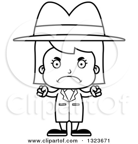 Outline Clipart of a Cartoon Black and White Mad Girl Detective - Royalty Free Lineart Vector Illustration by Cory Thoman