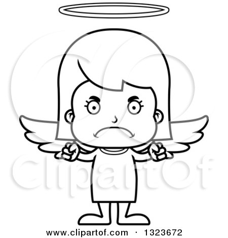 Outline Clipart of a Cartoon Black and White Mad Girl Angel - Royalty Free Lineart Vector Illustration by Cory Thoman