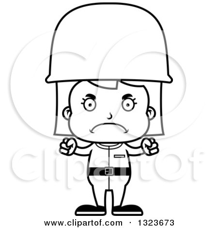 Outline Clipart of a Cartoon Black and White Mad Girl Soldier - Royalty Free Lineart Vector Illustration by Cory Thoman