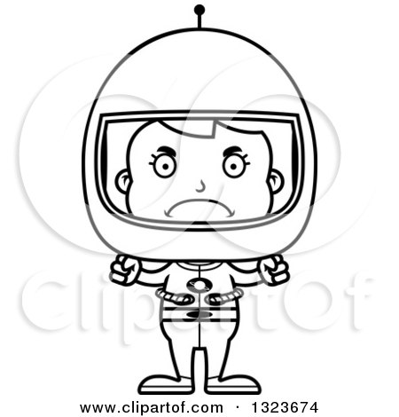 Outline Clipart of a Cartoon Black and White Mad Girl Astronaut - Royalty Free Lineart Vector Illustration by Cory Thoman
