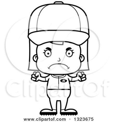 Outline Clipart of a Cartoon Black and White Mad Girl Baseball Player - Royalty Free Lineart Vector Illustration by Cory Thoman