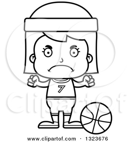 Outline Clipart of a Cartoon Black and White Mad Girl Basketball Player - Royalty Free Lineart Vector Illustration by Cory Thoman