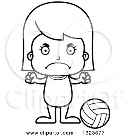 Outline Clipart of a Cartoon Black and White Mad Girl Beach Volleyball Player - Royalty Free Lineart Vector Illustration by Cory Thoman