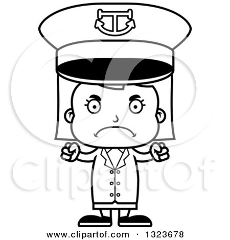 Outline Clipart of a Cartoon Black and White Mad Girl Captain - Royalty Free Lineart Vector Illustration by Cory Thoman