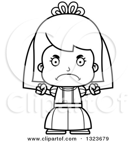 Outline Clipart of a Cartoon Black and White Mad Girl Bride - Royalty Free Lineart Vector Illustration by Cory Thoman