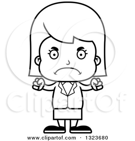 Outline Clipart of a Cartoon Black and White Mad Business Girl - Royalty Free Lineart Vector Illustration by Cory Thoman