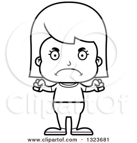 Outline Clipart of a Cartoon Black and White Mad Casual Girl - Royalty Free Lineart Vector Illustration by Cory Thoman