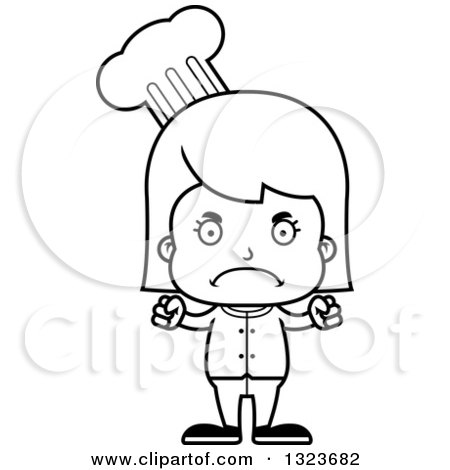 Outline Clipart of a Cartoon Black and White Mad Girl Chef - Royalty Free Lineart Vector Illustration by Cory Thoman