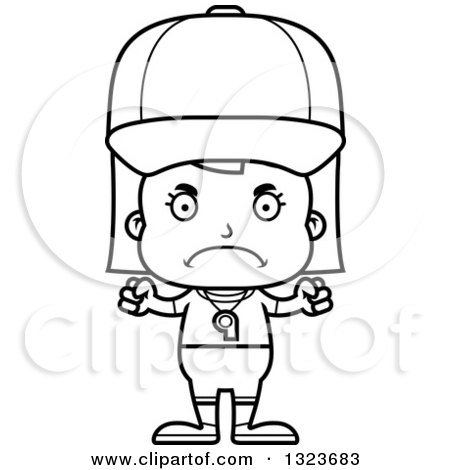 Outline Clipart of a Cartoon Black and White Mad Girl Sports Coach - Royalty Free Lineart Vector Illustration by Cory Thoman