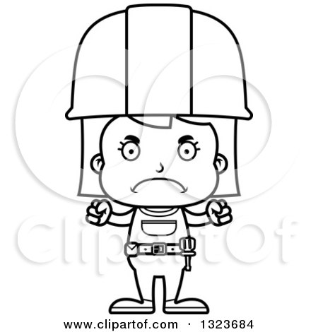 Outline Clipart of a Cartoon Black and White Mad Girl Construction Worker - Royalty Free Lineart Vector Illustration by Cory Thoman