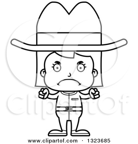 Outline Clipart of a Cartoon Black and White Mad Cowgirl - Royalty Free Lineart Vector Illustration by Cory Thoman