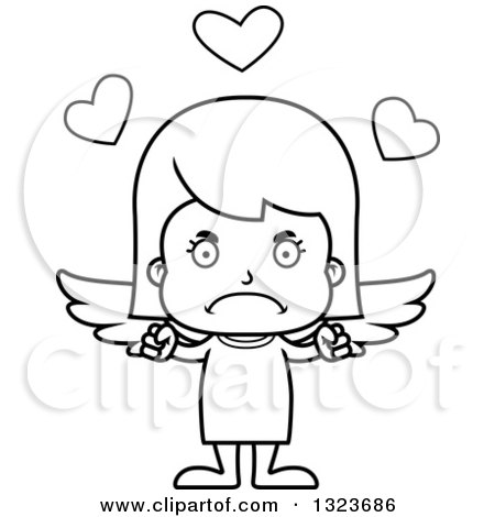 Outline Clipart of a Cartoon Black and White Mad Girl Cupid - Royalty Free Lineart Vector Illustration by Cory Thoman