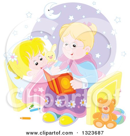 Clipart of a Cartoon Blond Caucasian Granny Reading a Bedtime Story to Her Granddaughter - Royalty Free Vector Illustration by Alex Bannykh
