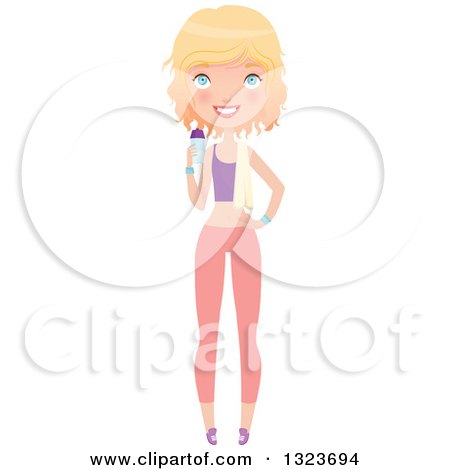 Clipart of a Full Length Happy Blond Haired Blue Eyed Caucasian Woman in Fitness Apparel, Holding a Shaker Water Bottle - Royalty Free Vector Illustration by Melisende Vector